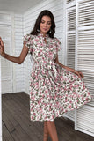 White Pink Floral A Line Pleated Midi Summer Dress with Ruffle Sleeves