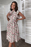 White Pink Floral A Line Pleated Midi Summer Dress with Ruffle Sleeves