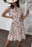 White Pink Floral A Line Pleated Midi Summer Dress with Ruffle Sleeves