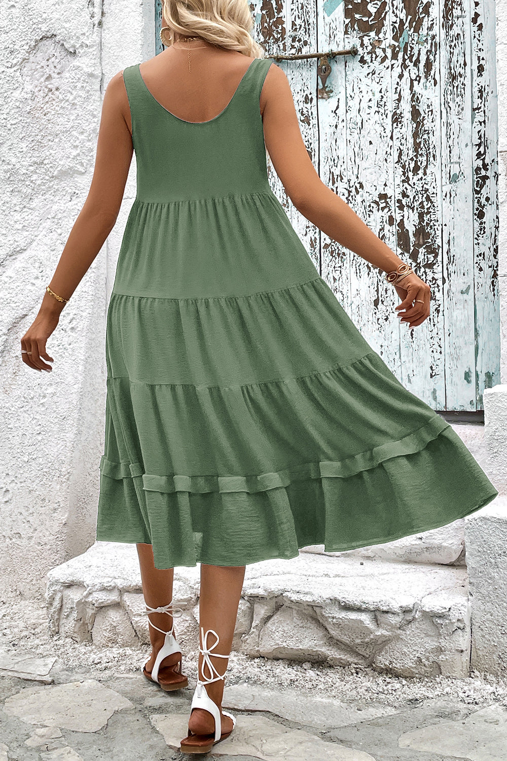 Simple Green A Line Scoop Neck Midi Summer Dress