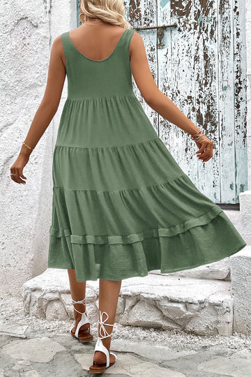 Simple Green A Line Scoop Neck Midi Summer Dress