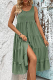 Simple Green A Line Scoop Neck Midi Summer Dress