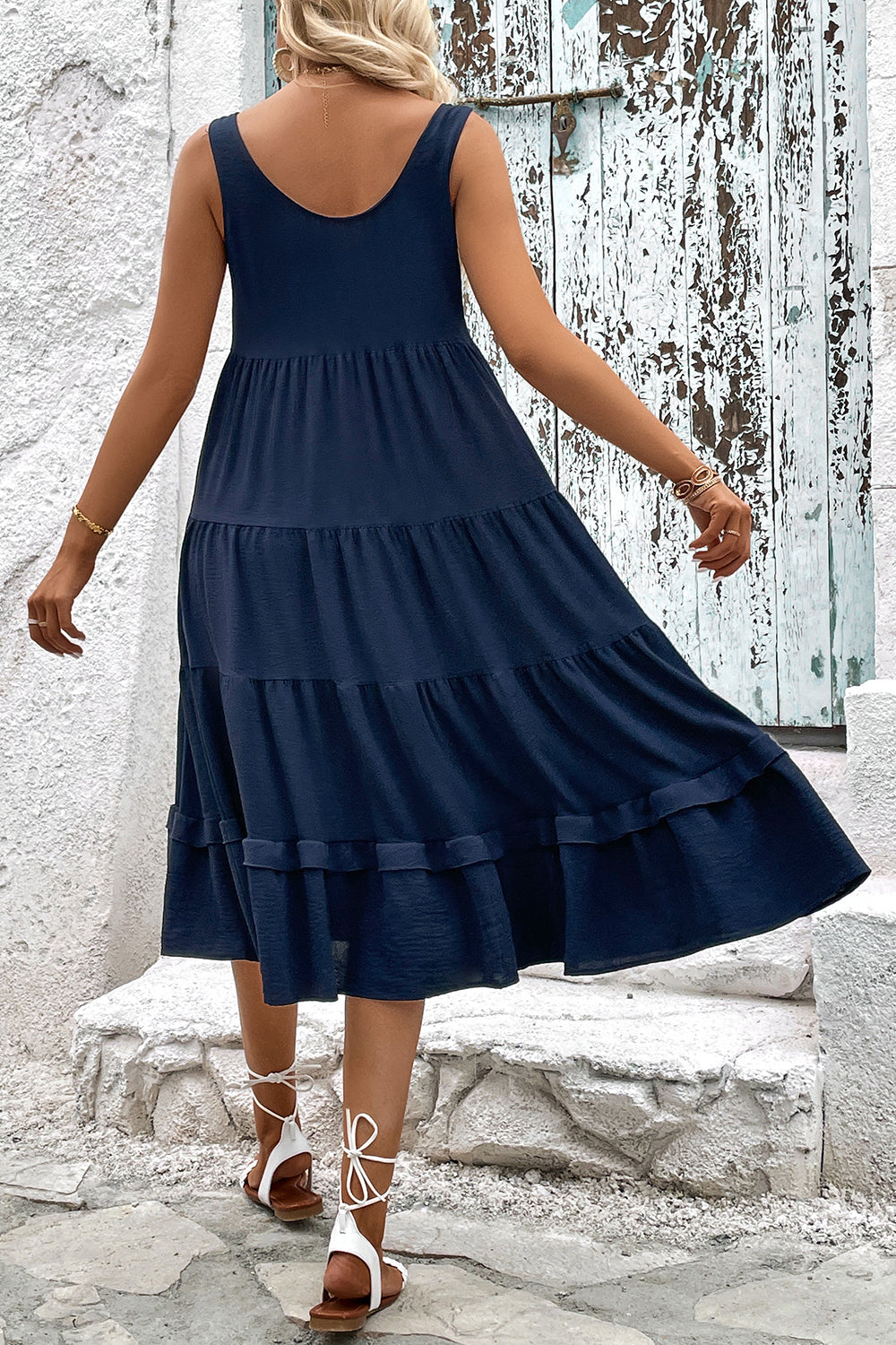 Simple Green A Line Scoop Neck Midi Summer Dress