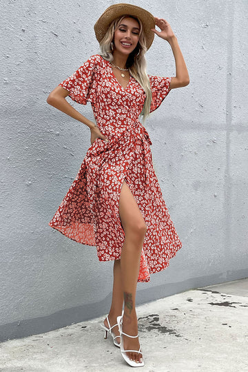 Red Floral V Neck A Line Short Sleeves Long Summer Daress with Slit