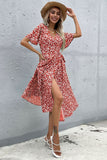 Red Floral V Neck A Line Short Sleeves Long Summer Daress with Slit