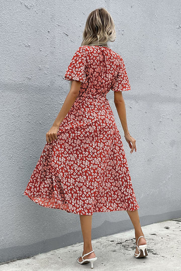 Red Floral V Neck A Line Short Sleeves Long Summer Daress with Slit