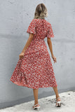 Red Floral V Neck A Line Short Sleeves Long Summer Daress with Slit