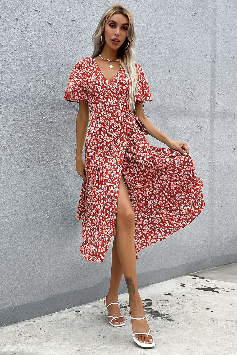 Red Floral V Neck A Line Short Sleeves Long Summer Daress with Slit