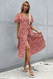 Red Floral V Neck A Line Short Sleeves Long Summer Daress with Slit