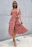 Red Floral V Neck A Line Short Sleeves Long Summer Daress with Slit