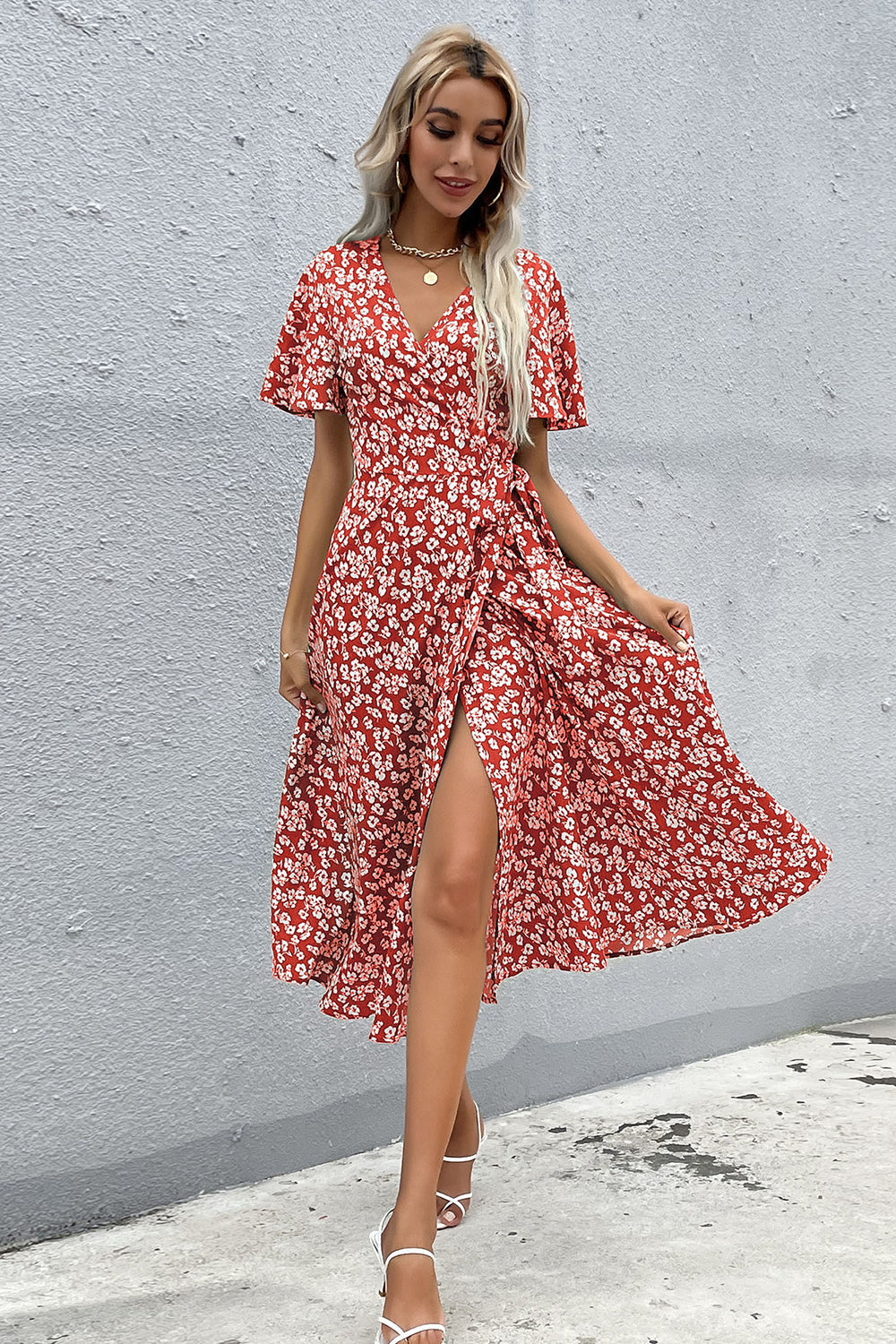 Red Floral V Neck A Line Short Sleeves Long Summer Daress with Slit