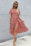 Red Floral V Neck A Line Short Sleeves Long Summer Daress with Slit