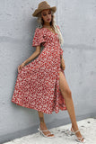 Red Floral V Neck A Line Short Sleeves Long Summer Daress with Slit