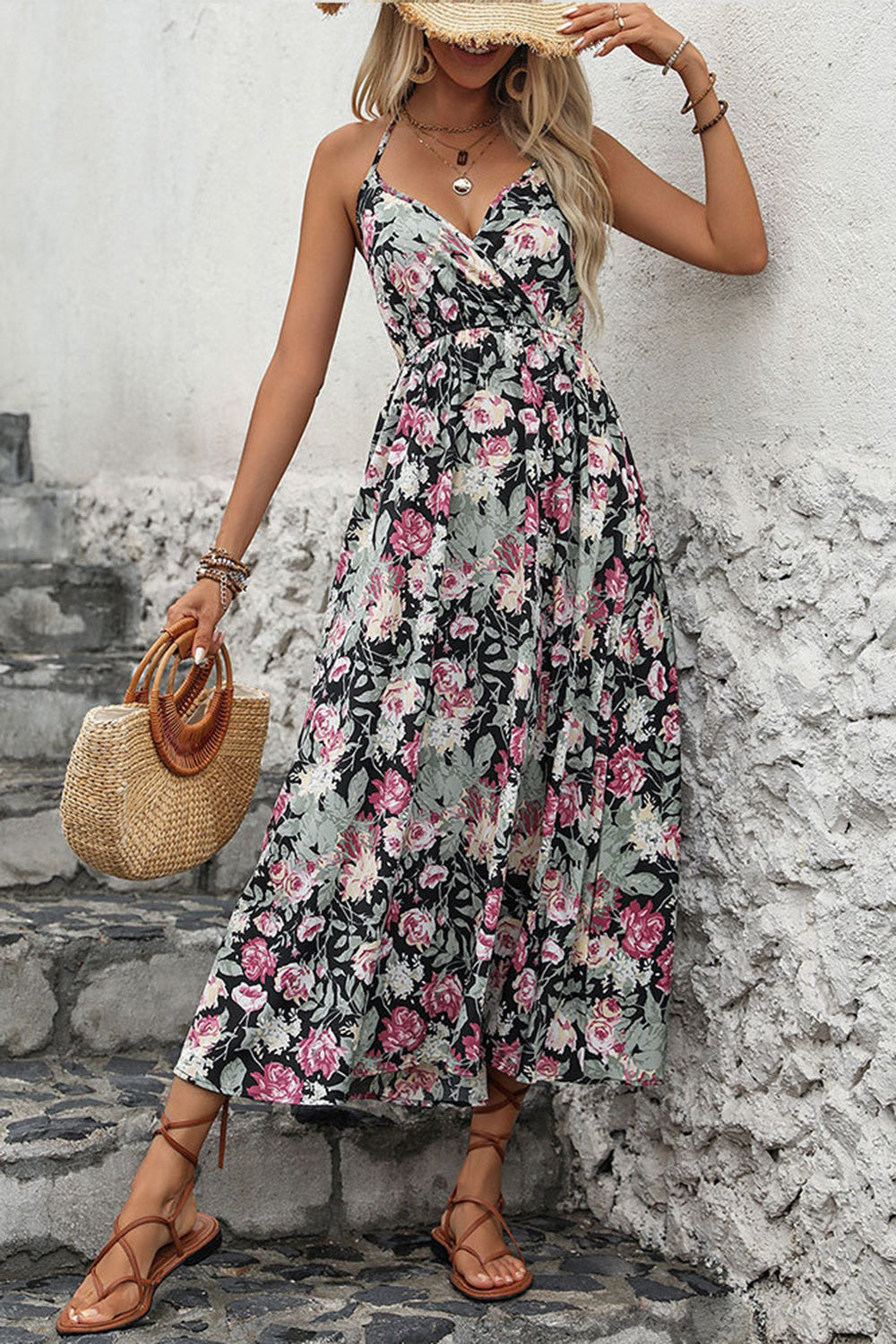 Black Floral Printed A Line Halter Long Summer Dress