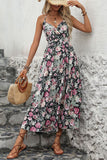 Black Floral Printed A Line Halter Long Summer Dress