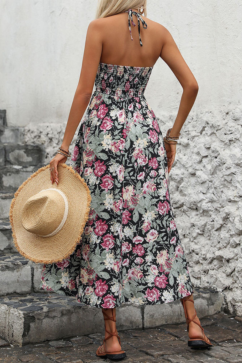 Black Floral Printed A Line Halter Long Summer Dress