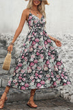 Black Floral Printed A Line Halter Long Summer Dress