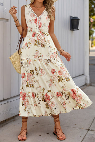 Apricot Floral Printed V Neck A Line Long Summer Dress