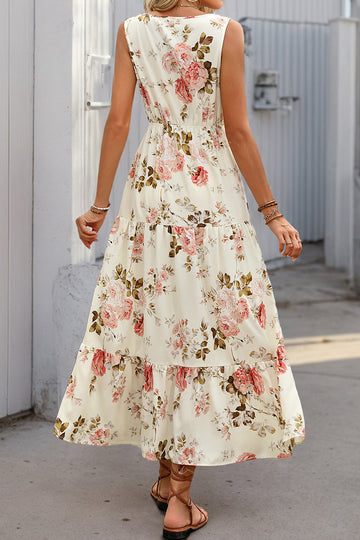 Apricot Floral Printed V Neck A Line Long Summer Dress