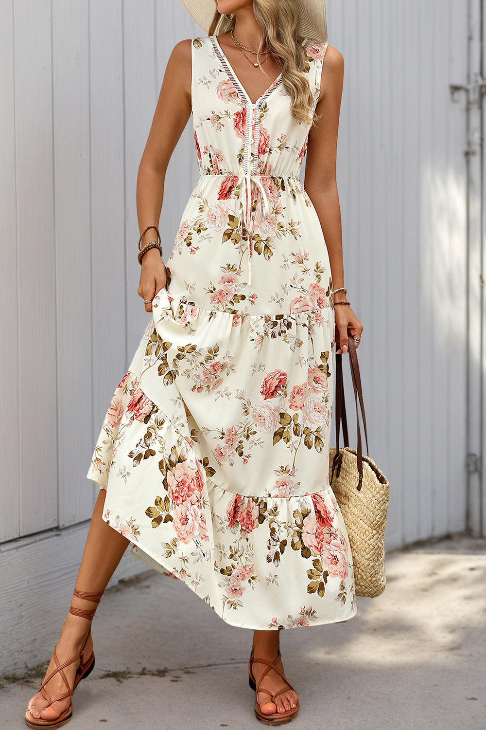 Apricot Floral Printed V Neck A Line Long Summer Dress