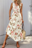 Apricot Floral Printed V Neck A Line Long Summer Dress