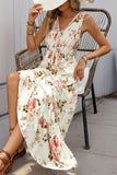 Apricot Floral Printed V Neck A Line Long Summer Dress