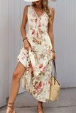 Apricot Floral Printed V Neck A Line Long Summer Dress