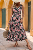 Apricot Floral Printed V Neck A Line Long Summer Dress