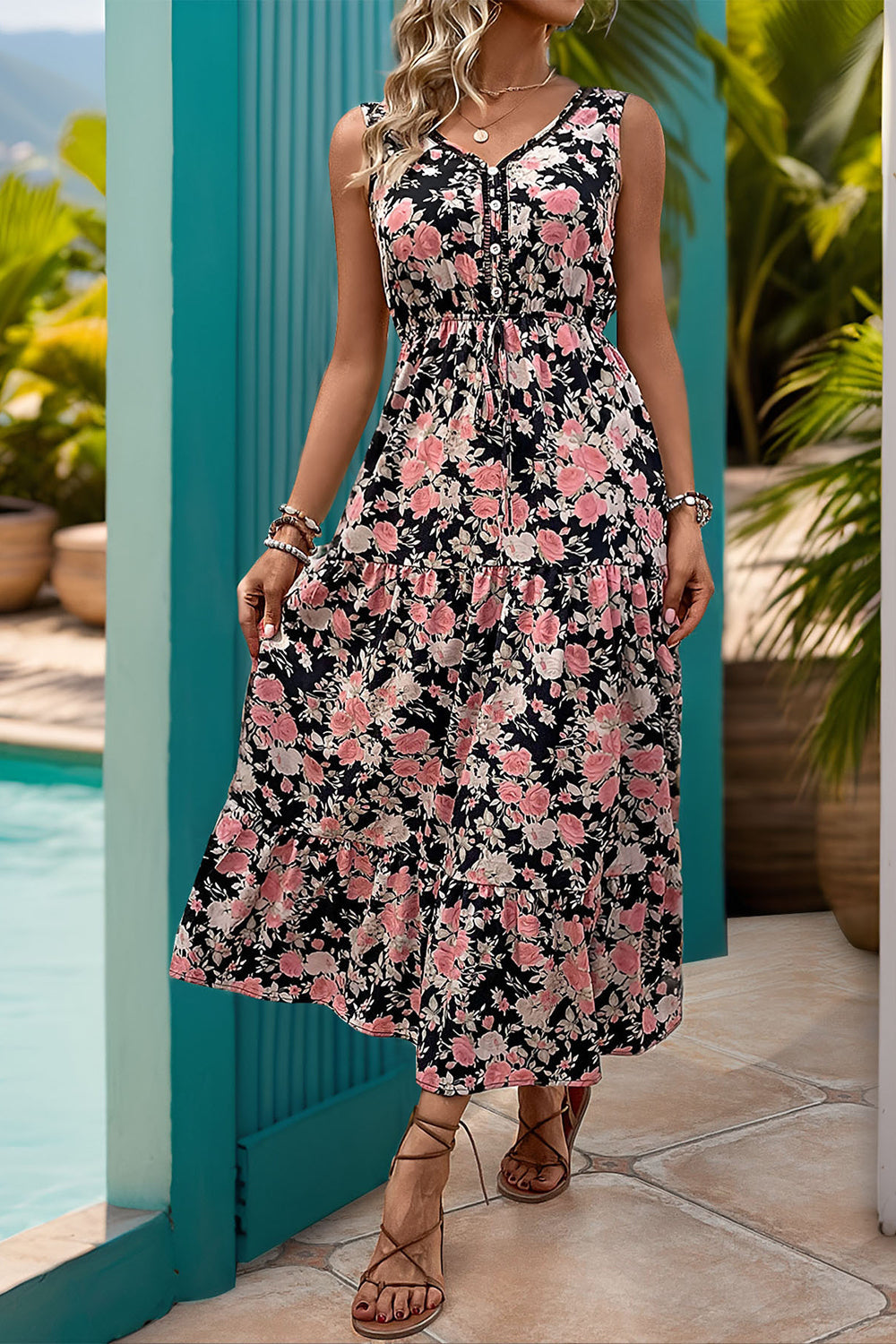 Apricot Floral Printed V Neck A Line Long Summer Dress