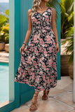 Apricot Floral Printed V Neck A Line Long Summer Dress