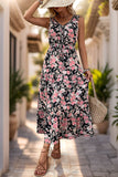 Apricot Floral Printed V Neck A Line Long Summer Dress