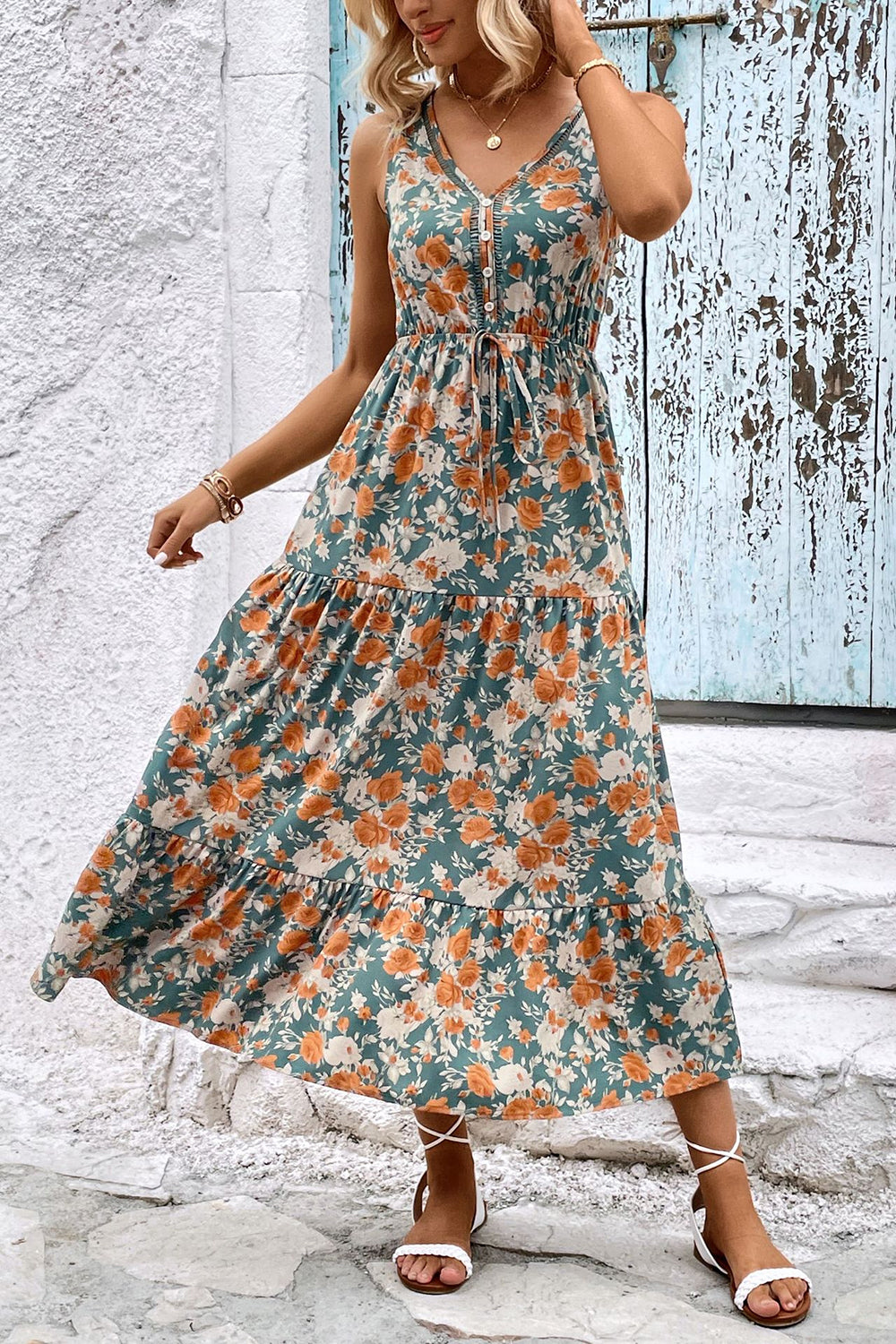 Apricot Floral Printed V Neck A Line Long Summer Dress