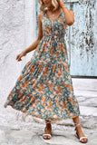 Apricot Floral Printed V Neck A Line Long Summer Dress