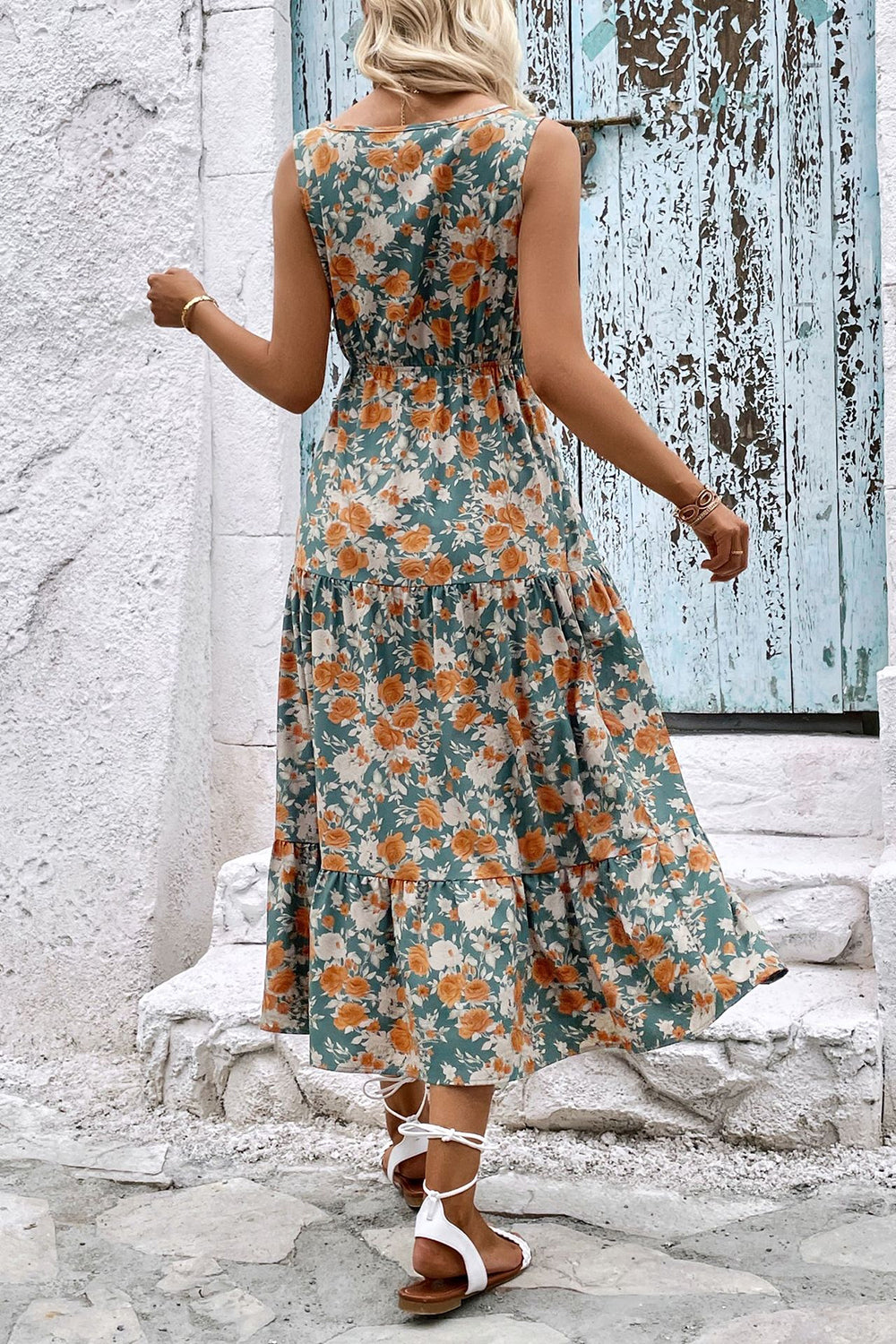 Apricot Floral Printed V Neck A Line Long Summer Dress