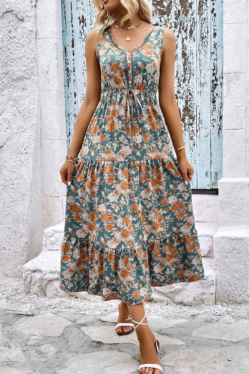 Apricot Floral Printed V Neck A Line Long Summer Dress