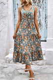 Apricot Floral Printed V Neck A Line Long Summer Dress