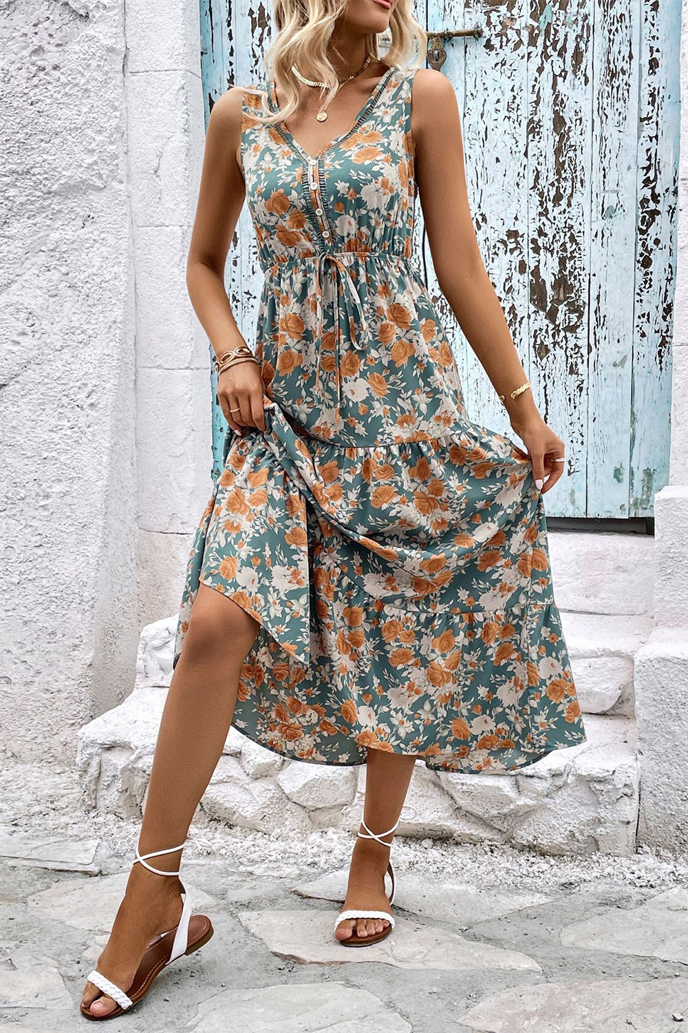 Apricot Floral Printed V Neck A Line Long Summer Dress