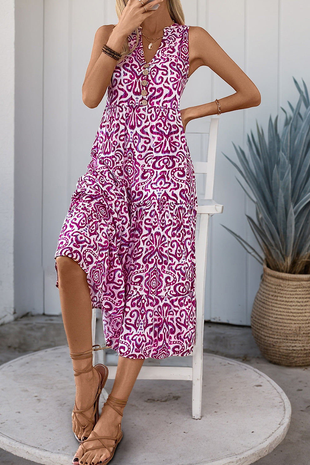 Orange Printed V Neck A Line Long Summer Dress