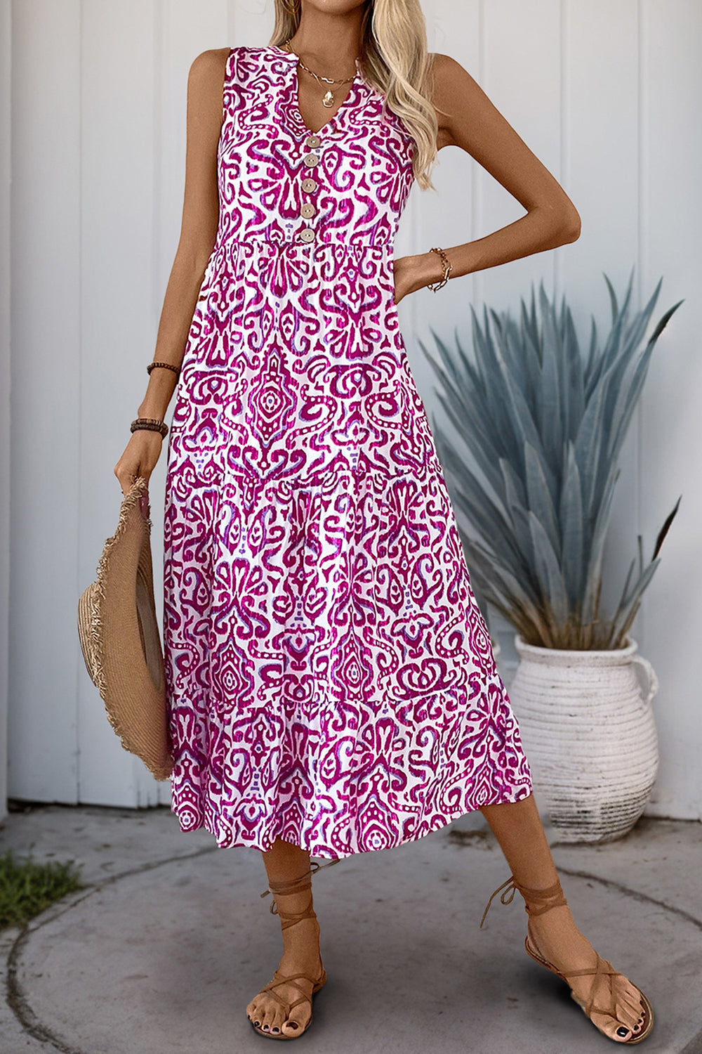 Orange Printed V Neck A Line Long Summer Dress