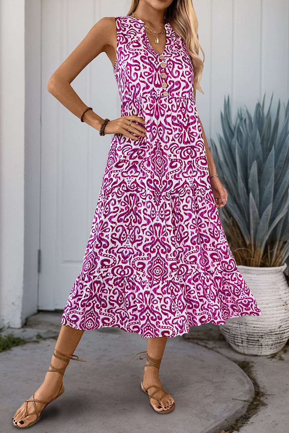 Orange Printed V Neck A Line Long Summer Dress