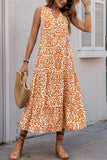 Orange Printed V Neck A Line Long Summer Dress