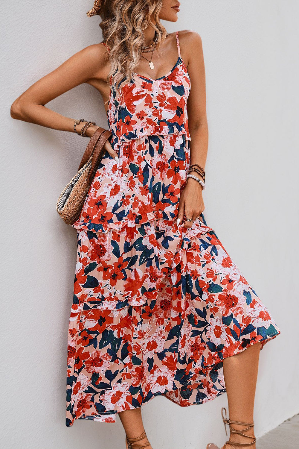 Red Floral Chiffon Spaghetti Straps A Line Long Summer Dress