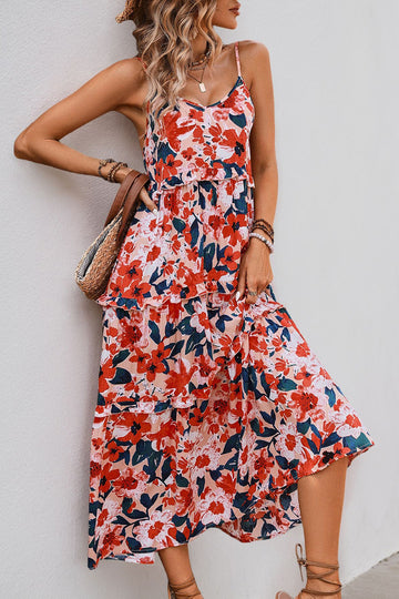 Red Floral Chiffon Spaghetti Straps A Line Long Summer Dress