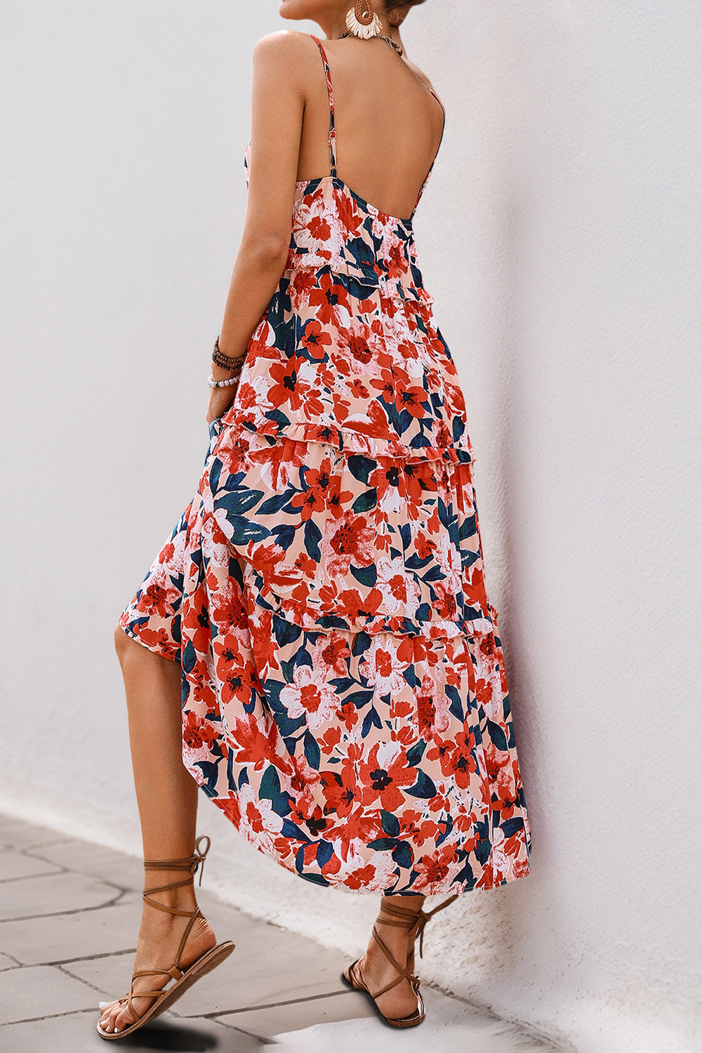 Red Floral Chiffon Spaghetti Straps A Line Long Summer Dress