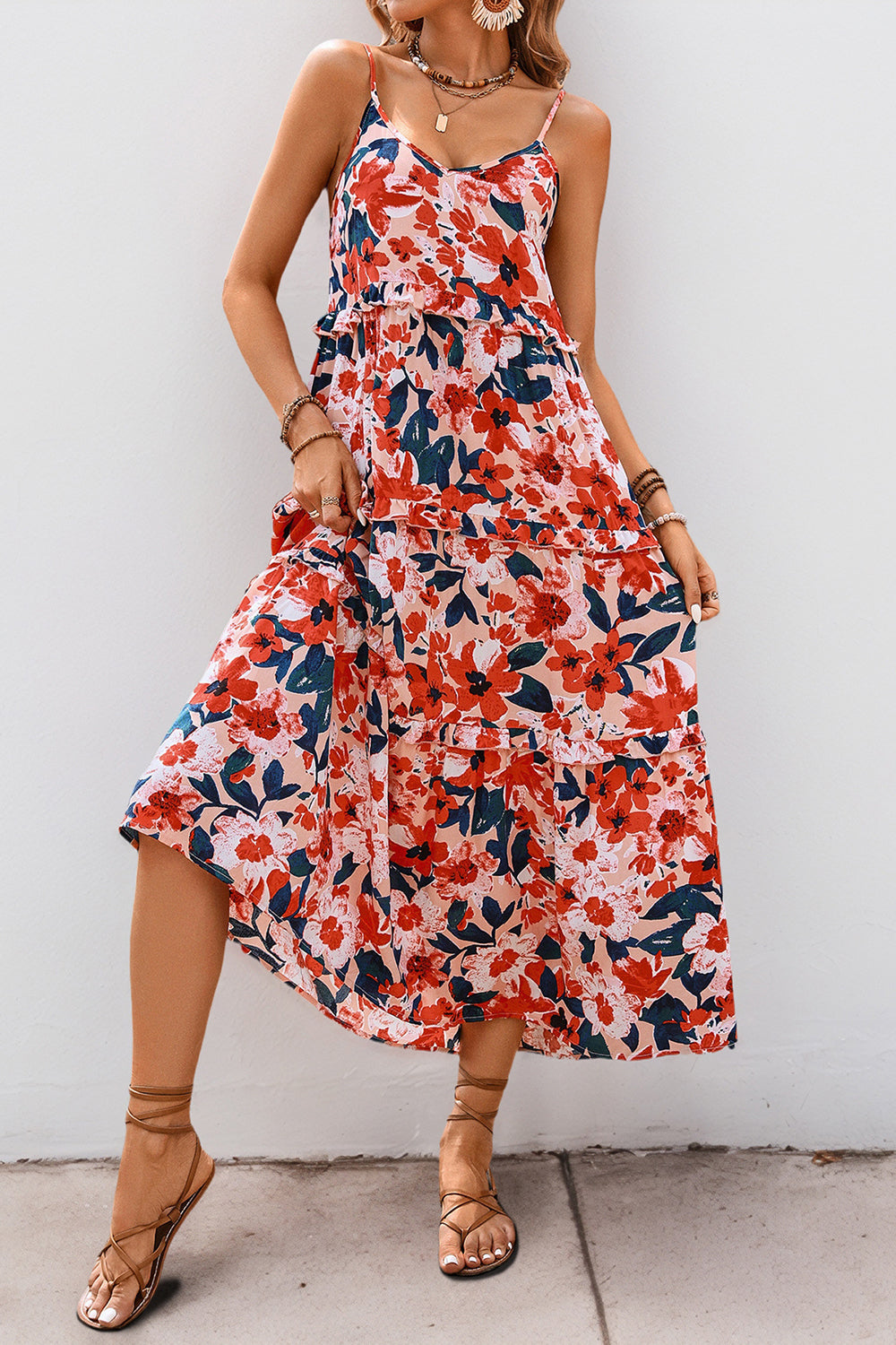 Red Floral Chiffon Spaghetti Straps A Line Long Summer Dress