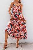 Red Floral Chiffon Spaghetti Straps A Line Long Summer Dress