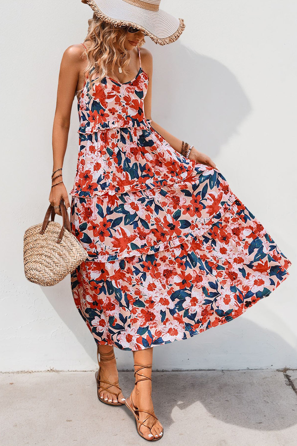 Red Floral Chiffon Spaghetti Straps A Line Long Summer Dress