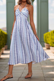 Light Blue Printed Halter A Line Long Summer Dress
