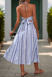 Light Blue Printed Halter A Line Long Summer Dress