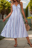 Light Blue Printed Halter A Line Long Summer Dress
